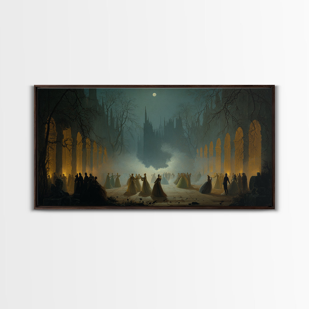 The Midnight Masquerade, Romantic Gothic Landscape, Wide Panoramic Art, Dark Fantasy Wall Art, Canvas Print, Halloween Wall Art