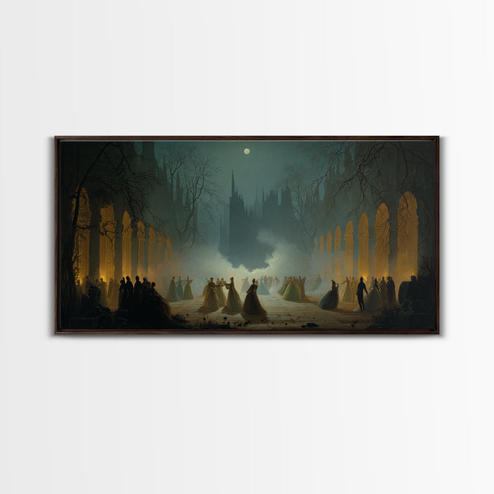 The Midnight Masquerade, Romantic Gothic Landscape, Wide Panoramic Art, Dark Fantasy Wall Art, Canvas Print, Halloween Wall Art