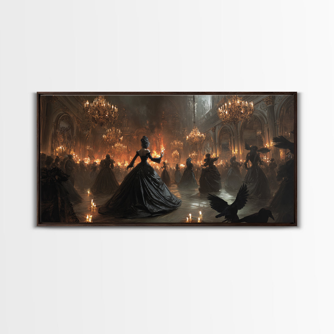 The Midnight Masquerade, Apocalyptic Romantic Art, Wide Panoramic Art, Gothic Horror Wall Art, Framed Canvas Print, Halloween Wall Art