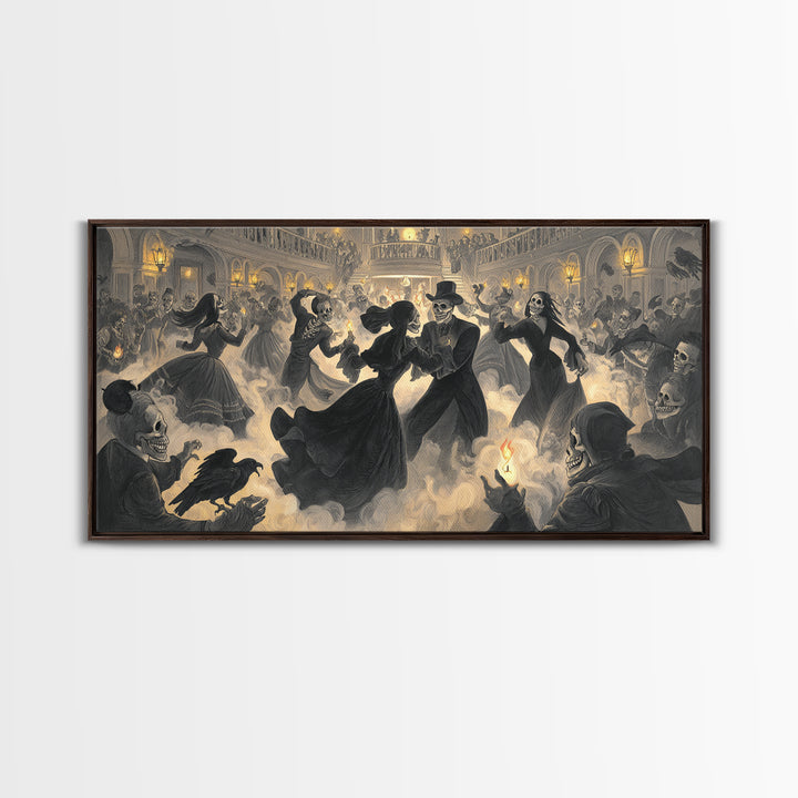 The Midnight Masquerade, Macabre Folk Print Art, Wide Panoramic Art, Gothic Horror Wall Art, Framed Canvas Print