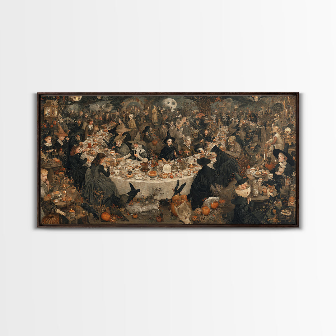 The Witches' Tea Party, Northern Renaissance Horror, Wide Panoramic Art, Gothic Horror Wall Art, Framed Canvas Print