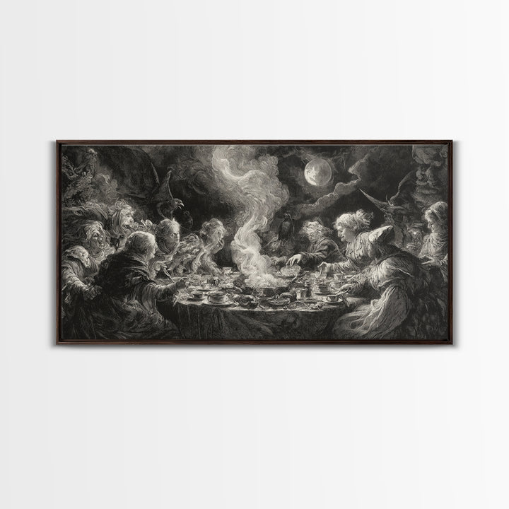 The Witches' Tea Party, Baroque Witchcraft Art, Wide Panoramic Art, Dark Halloween Decor, Canvas Print, Halloween Wall Art