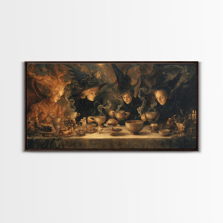 The Witches' Tea Party, Visionary Gothic Art, Wide Panoramic Art, Macabre Wall Art, Framed Canvas Print, Halloween Wall Art