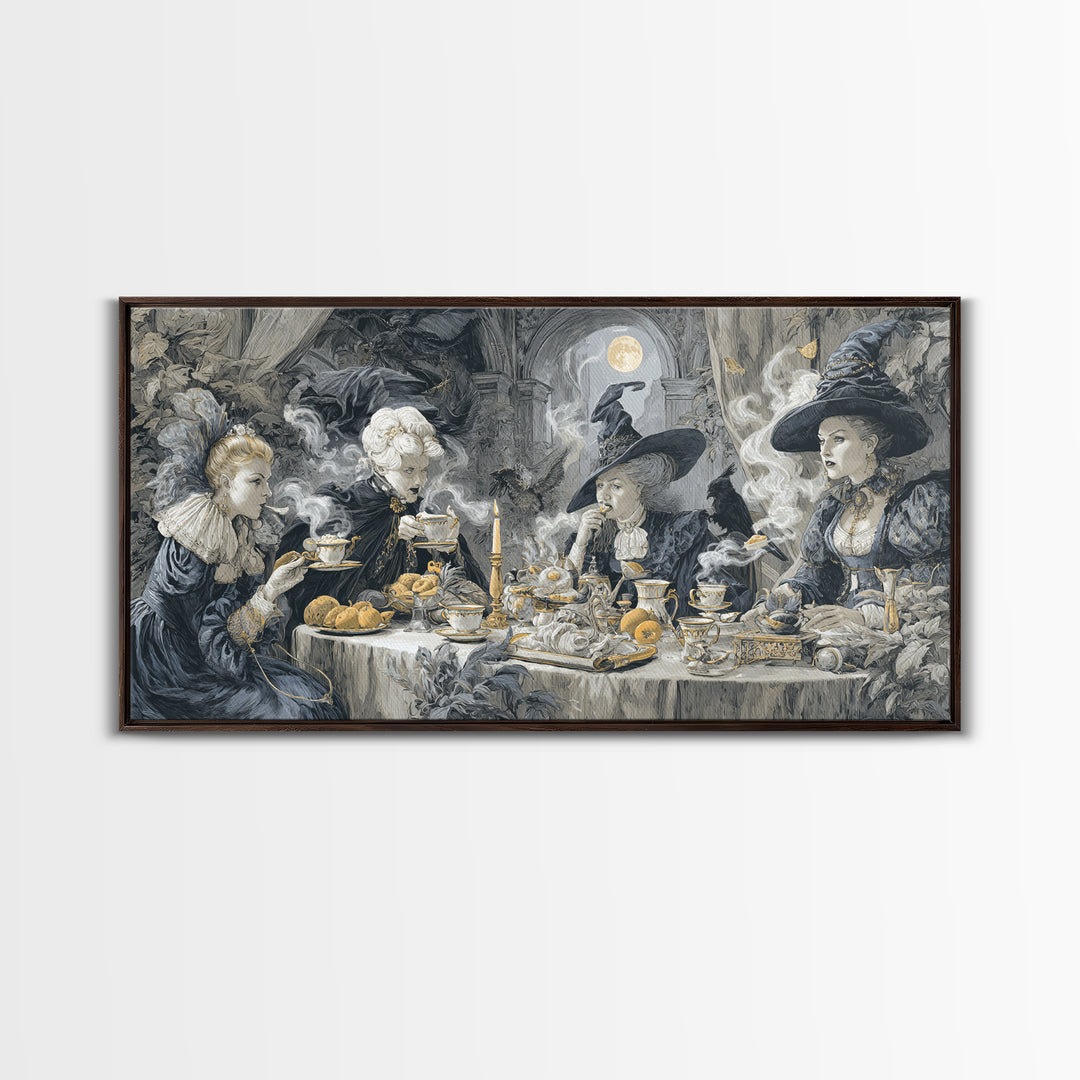 The Witches' Tea Party, Architectural Etching Art, Wide Panoramic Art, Dark Halloween Decor, Canvas Print, Halloween Wall Art