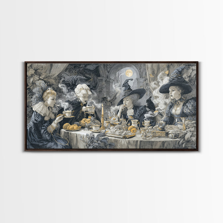 The Witches' Tea Party, Architectural Etching Art, Wide Panoramic Art, Dark Halloween Decor, Canvas Print, Halloween Wall Art