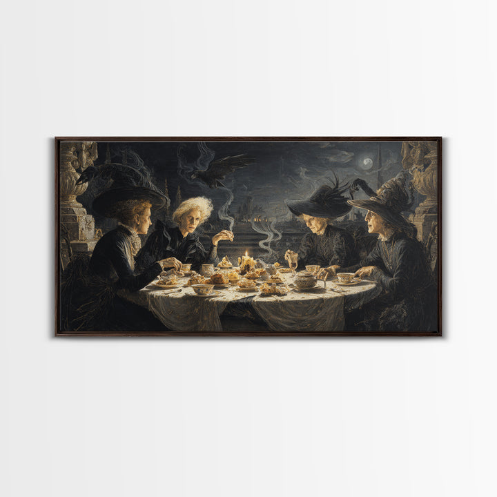 The Witches' Tea Party, Romantic Gothic Landscape, Wide Panoramic Art, Dark Fantasy Wall Art, Framed Canvas Print