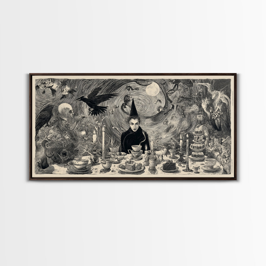 The Witches' Tea Party, Expressionist Nightmare Art, Wide Panoramic Art, Dark Fantasy Wall Art, Canvas Print, Halloween Wall Art