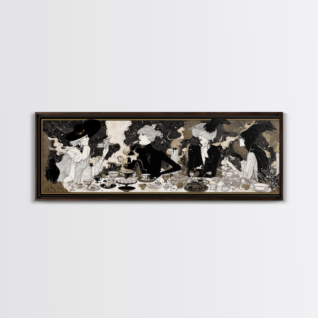 The Witches' Tea Party, Decadent Line Art, Extra Wide Wall Art, Dark Fantasy Wall Art, Framed Canvas Print, Halloween Wall Art