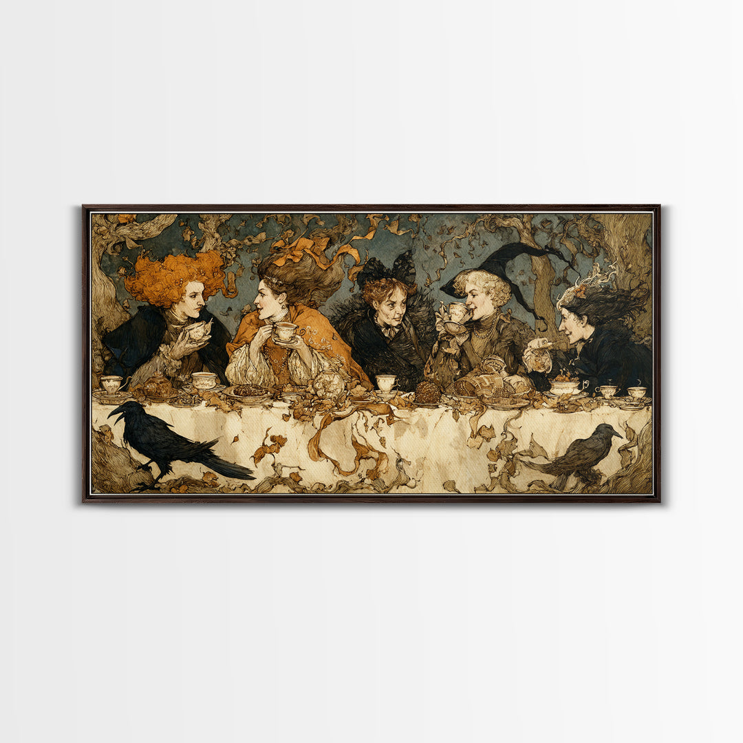 The Witches' Tea Party, Gothic Storybook Art, Wide Panoramic Art, Dark Halloween Decor, Framed Canvas Print, Halloween Wall Art