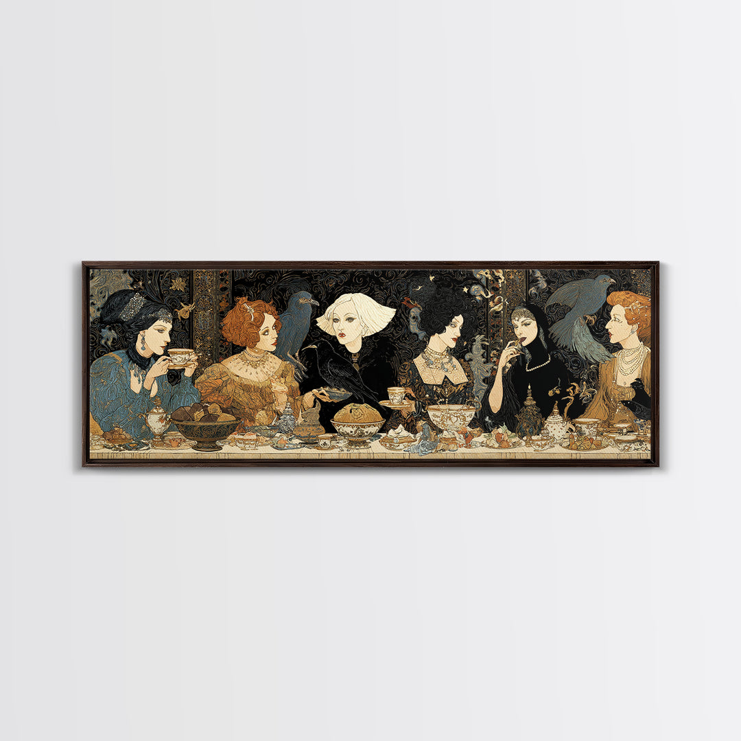 The Witches' Tea Party, Stained Glass Gothic Art, Extra Wide Wall Art, Dark Fantasy Wall Art, Framed Canvas Print, Halloween Wall Art