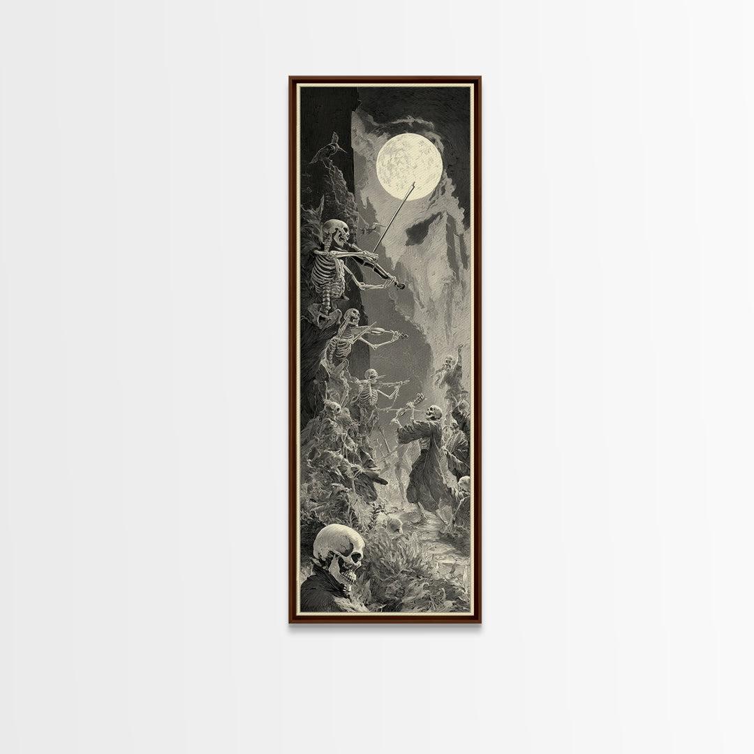 The Skeleton Orchestra, Gothic Engraving Art, Tall Narrow Wall Art, Dark Halloween Decor, Canvas Print, Halloween Wall Art