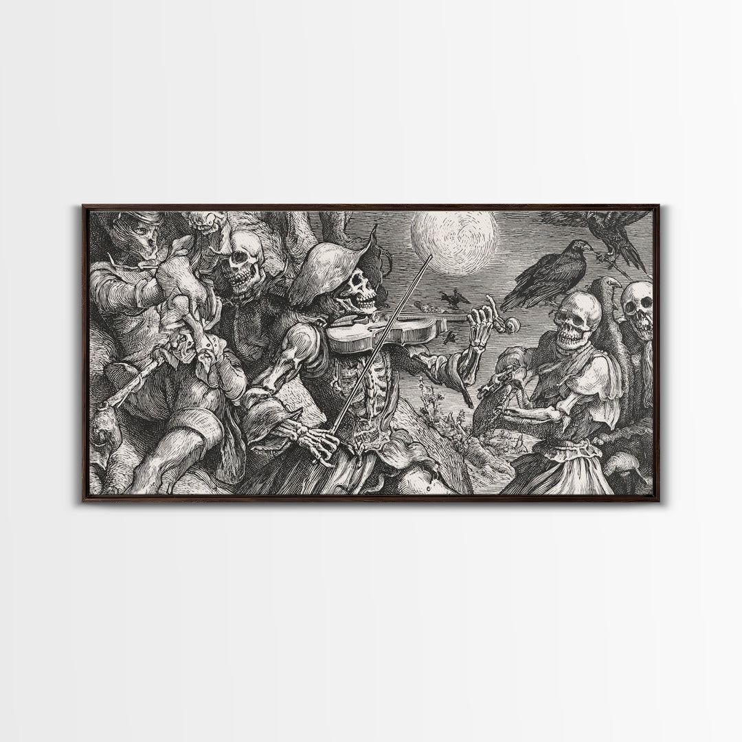 The Skeleton Orchestra, Renaissance Engraving Art, Wide Panoramic Art, Macabre Wall Art, Framed Canvas Print, Halloween Wall Art