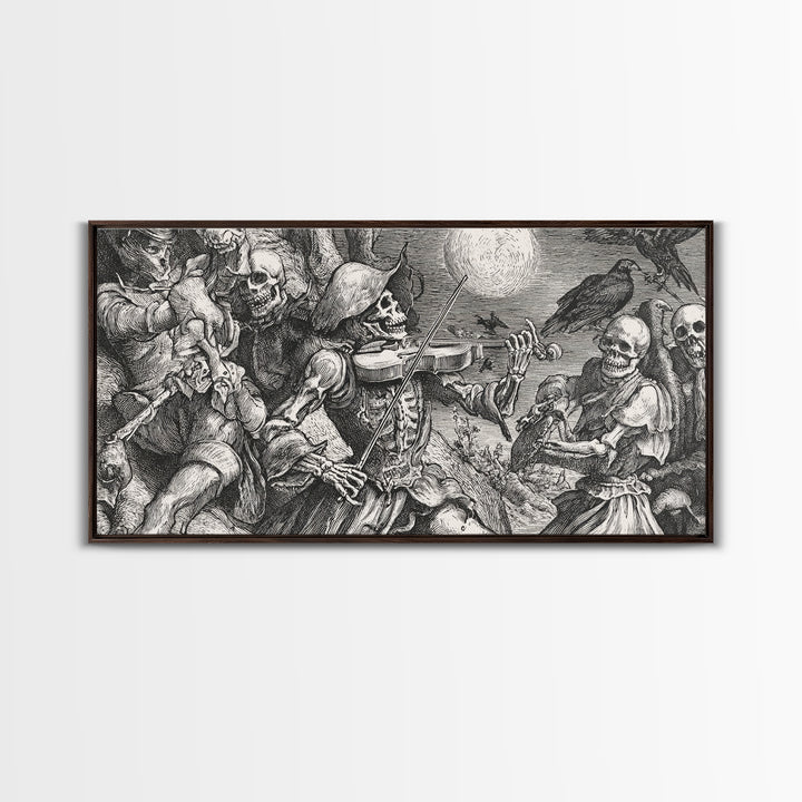 The Skeleton Orchestra, Renaissance Engraving Art, Wide Panoramic Art, Macabre Wall Art, Framed Canvas Print, Halloween Wall Art