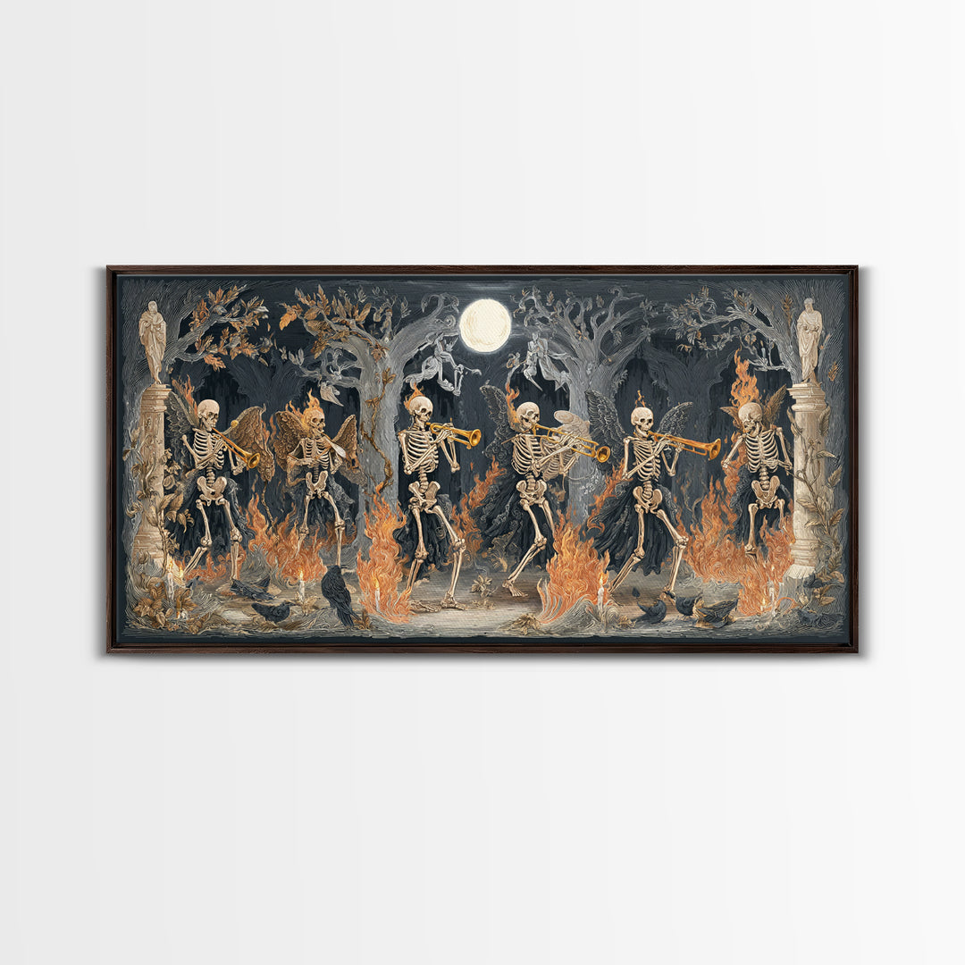 The Skeleton Orchestra, Visionary Gothic Art, Wide Panoramic Art, Dark Halloween Decor, Framed Canvas Print, Halloween Wall Art