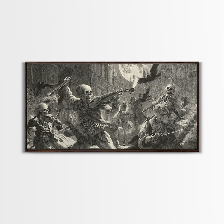 The Skeleton Orchestra, Architectural Etching Art, Wide Panoramic Art, Dark Halloween Decor, Framed Canvas Print