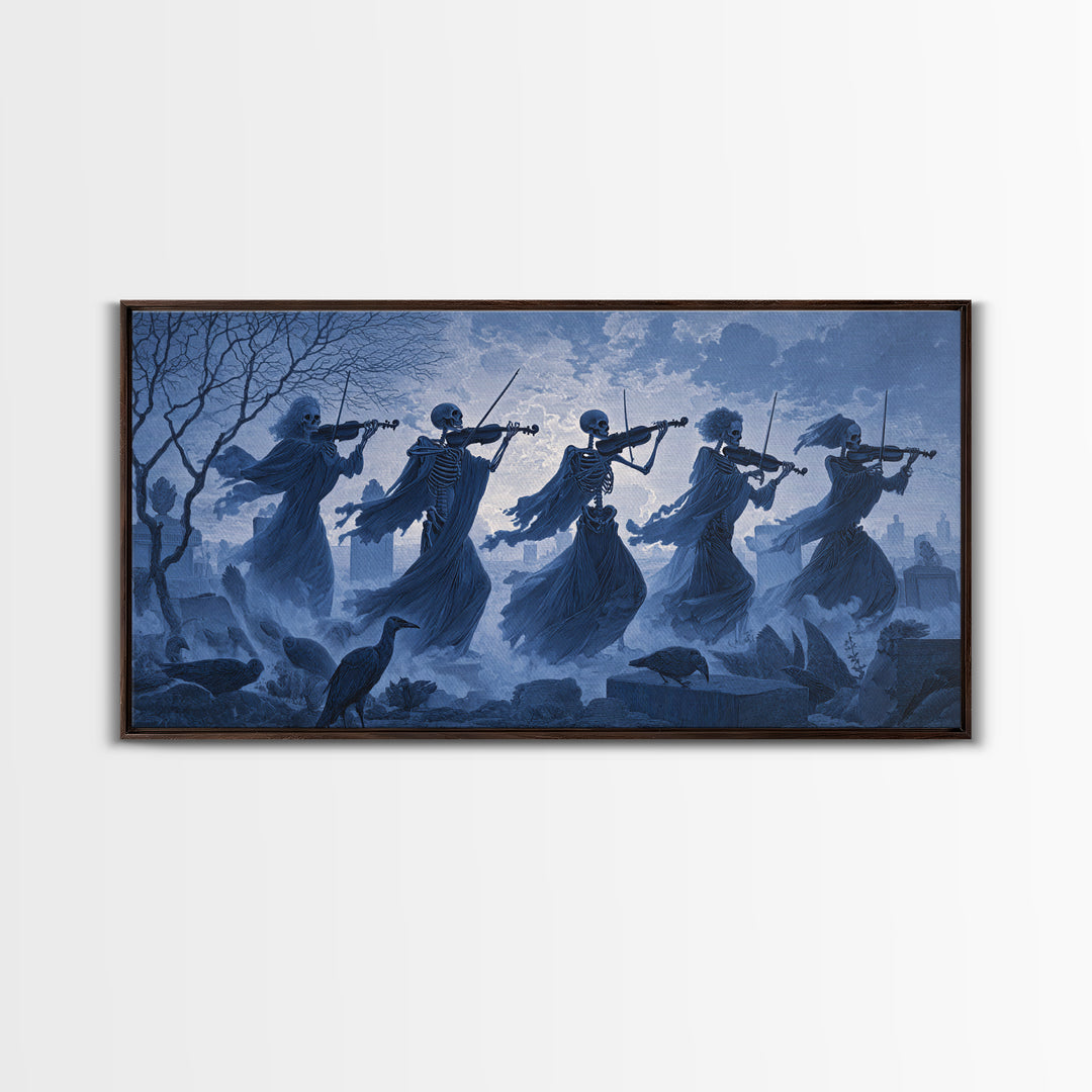 The Skeleton Orchestra, Romantic Gothic Landscape, Wide Panoramic Art, Dark Halloween Decor, Canvas Print, Halloween Wall Art