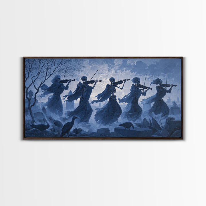 The Skeleton Orchestra, Romantic Gothic Landscape, Wide Panoramic Art, Dark Halloween Decor, Canvas Print, Halloween Wall Art