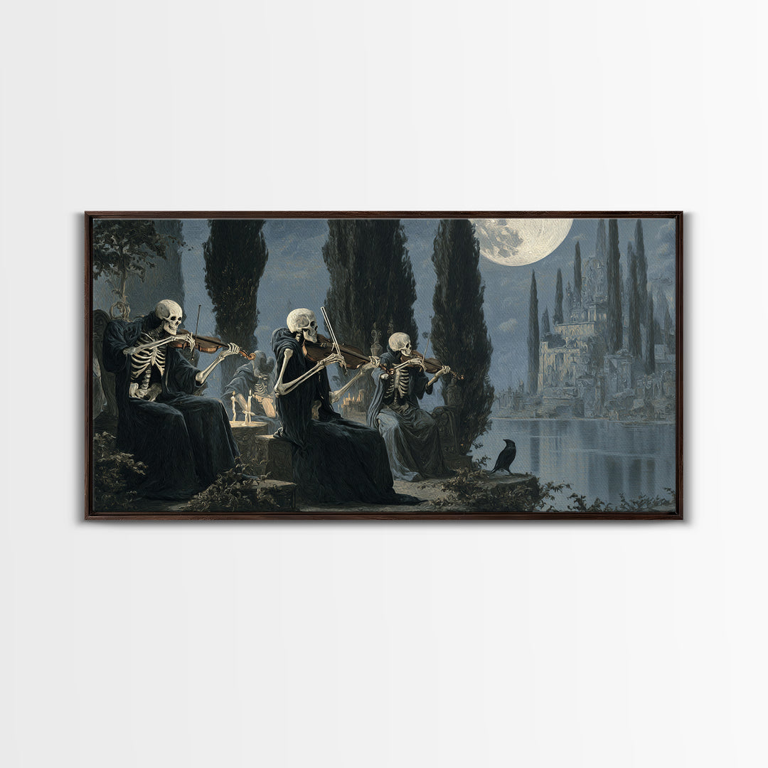 The Skeleton Orchestra, Symbolist Gothic Landscape, Wide Panoramic Art, Dark Halloween Decor, Canvas Print, Halloween Wall Art