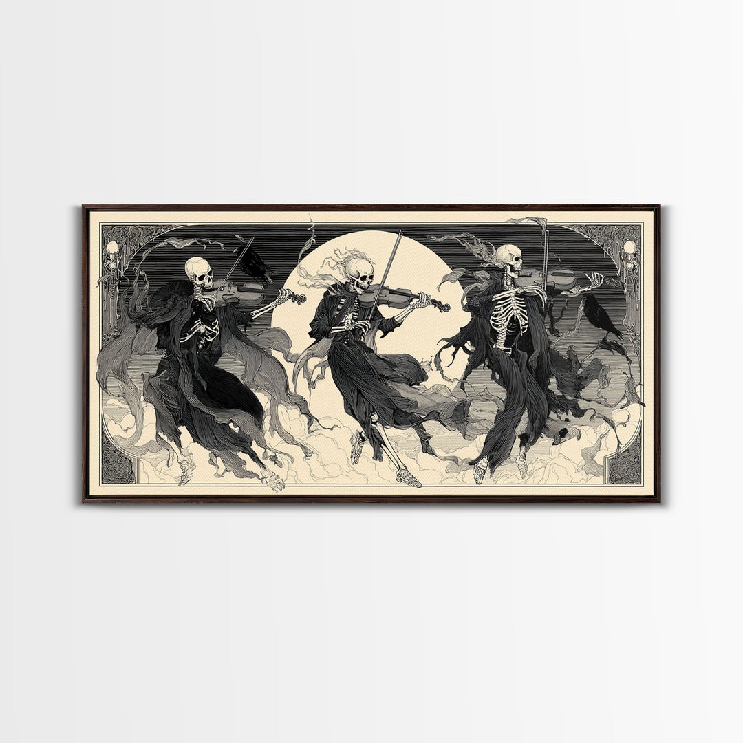 The Skeleton Orchestra, Decadent Line Art, Wide Panoramic Art, Gothic Horror Wall Art, Framed Canvas Print, Halloween Wall Art