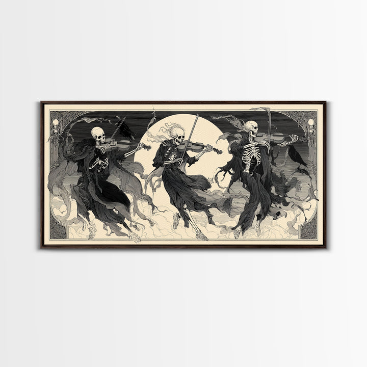 The Skeleton Orchestra, Decadent Line Art, Wide Panoramic Art, Gothic Horror Wall Art, Framed Canvas Print, Halloween Wall Art