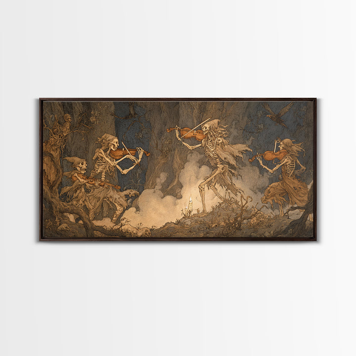 The Skeleton Orchestra, Gothic Storybook Art, Wide Panoramic Art, Dark Fantasy Wall Art, Framed Canvas Print, Halloween Wall Art