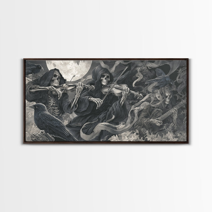 The Skeleton Orchestra, Biomechanical Horror Art, Wide Panoramic Art, Macabre Wall Art, Framed Canvas Print, Halloween Wall Art