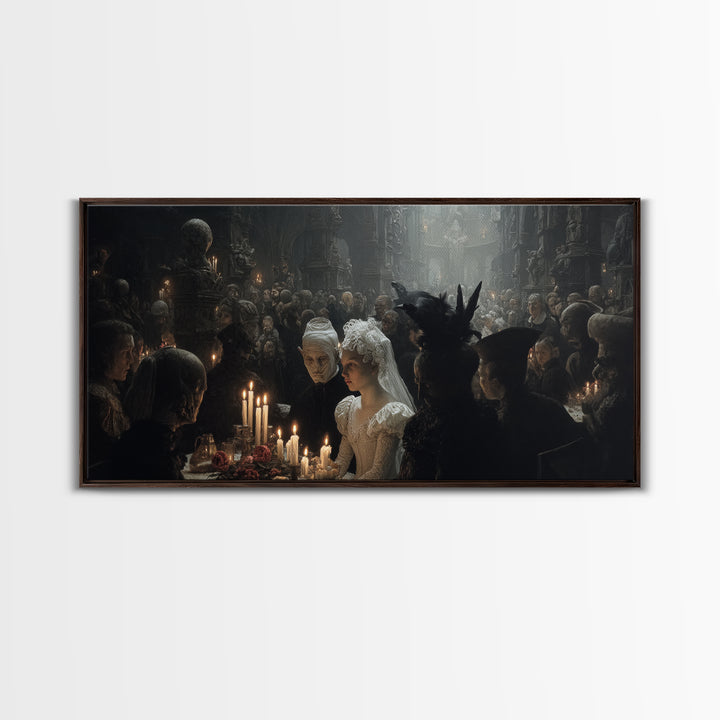 The Ghost Wedding, Medieval Grotesque Art, Wide Panoramic Art, Dark Halloween Decor, Canvas Print, Halloween Wall Art