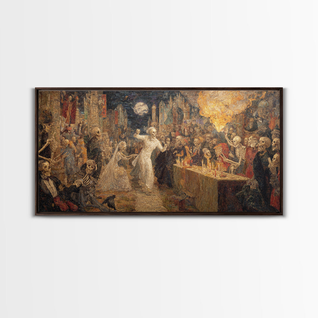 The Ghost Wedding, Grotesque Carnival Art, Wide Panoramic Art, Dark Halloween Decor, Framed Canvas Print, Halloween Wall Art