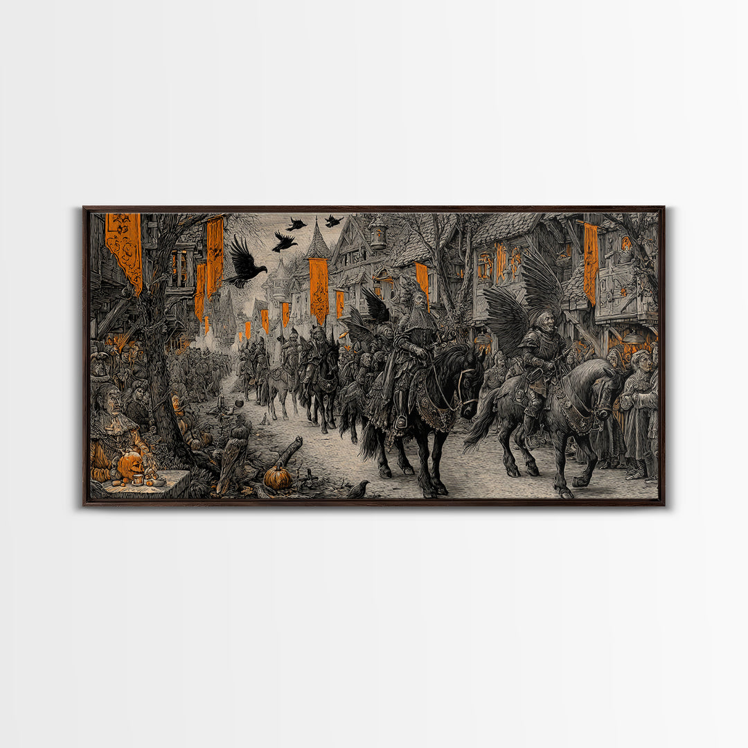 The Monster Parade, Renaissance Engraving Art, Wide Panoramic Art, Dark Fantasy Wall Art, Framed Canvas Print, Halloween Wall Art