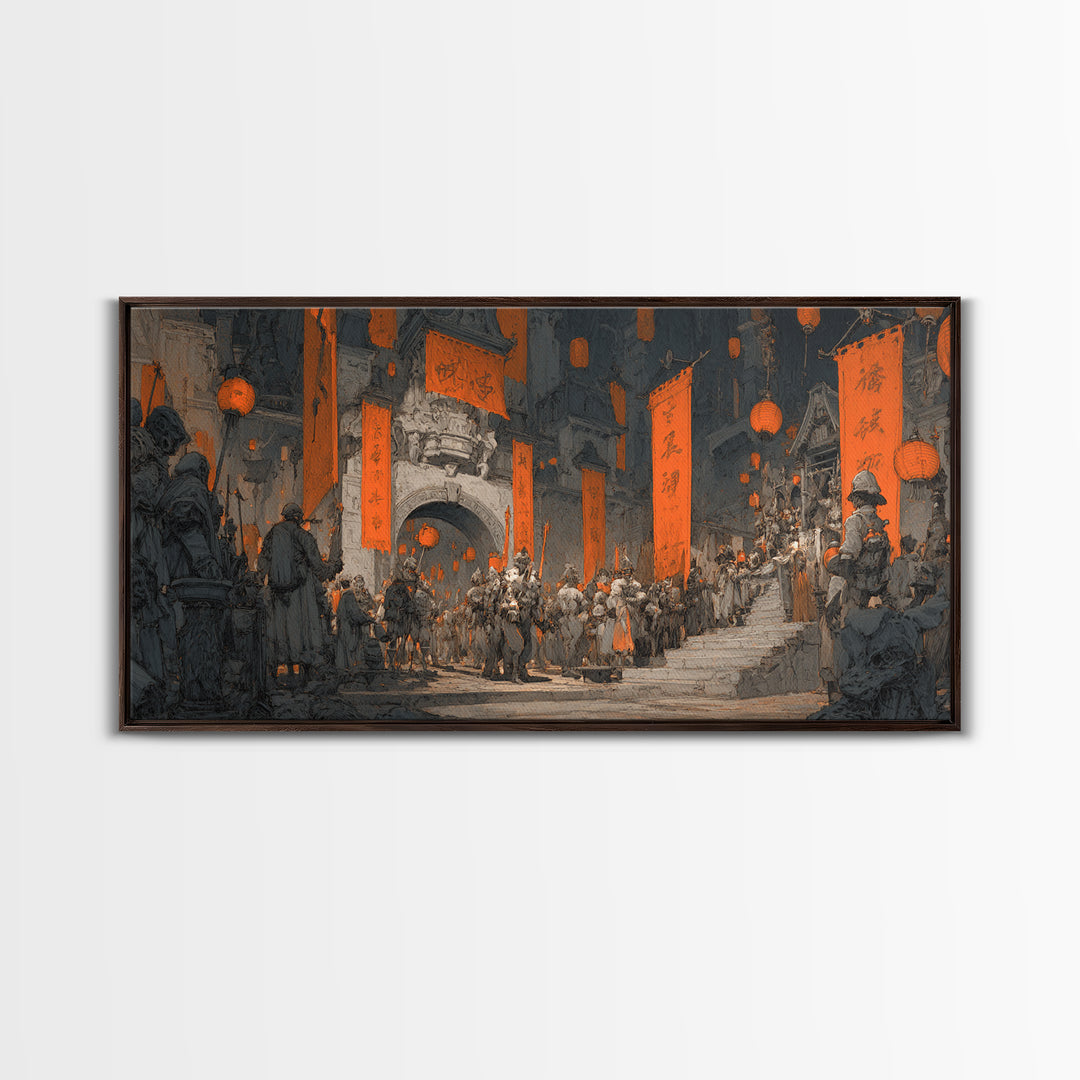 The Monster Parade, Architectural Etching Art, Wide Panoramic Art, Macabre Wall Art, Canvas Print, Halloween Wall Art