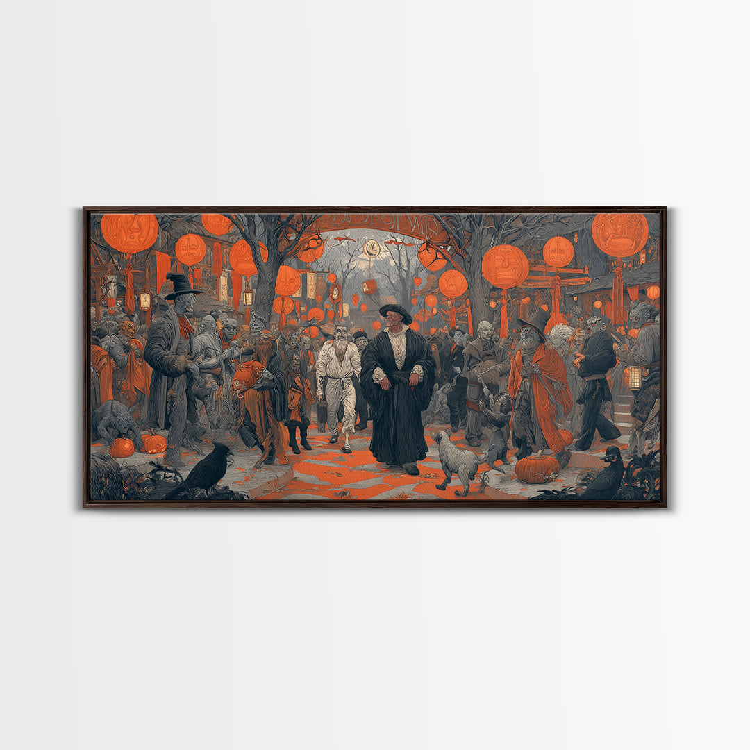 The Monster Parade, Symbolist Etching Art, Wide Panoramic Art, Gothic Horror Wall Art, Canvas Print, Halloween Wall Art, Halloween Decor
