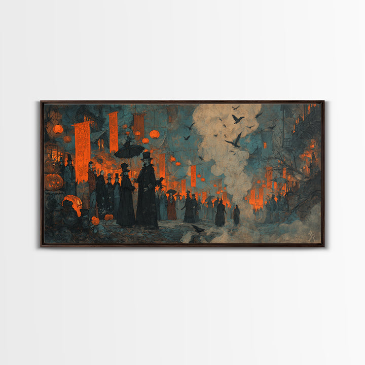 The Monster Parade, Expressionist Gothic Art, Wide Panoramic Art, Dark Halloween Decor, Canvas Print, Halloween Wall Art