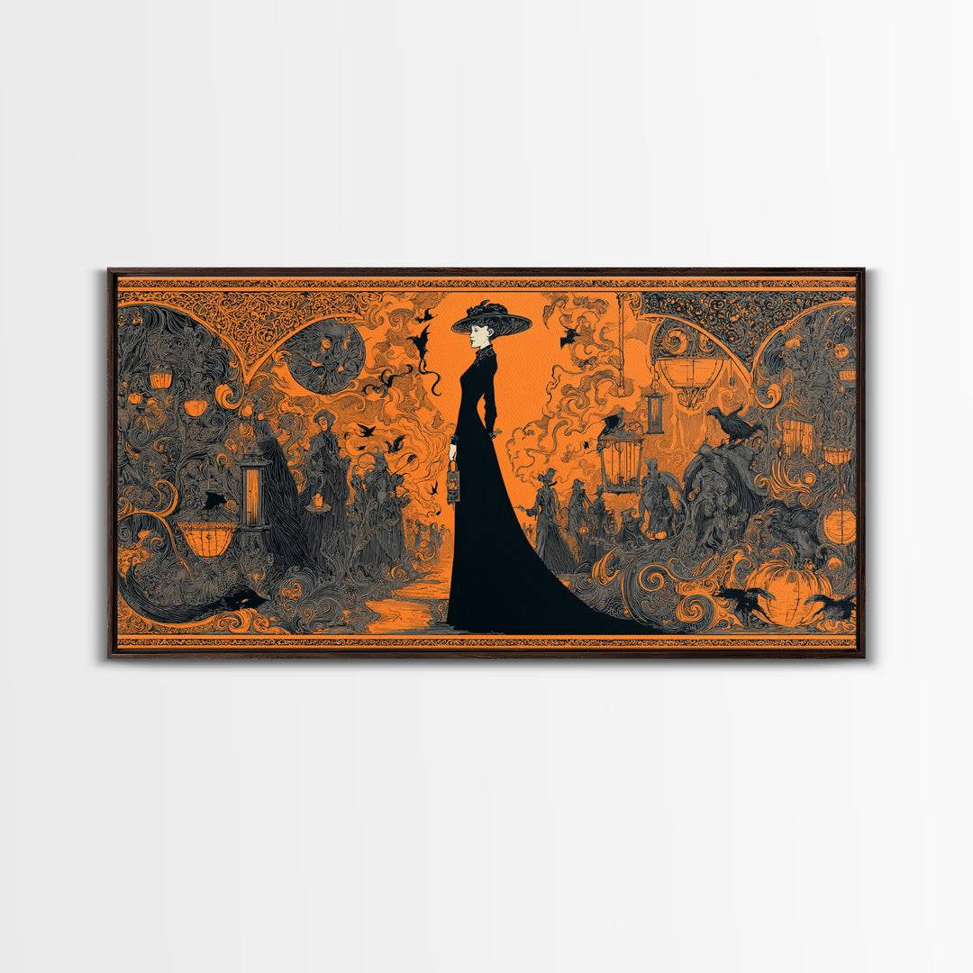 The Monster Parade, Decadent Line Art, Wide Panoramic Art, Gothic Horror Wall Art, Framed Canvas Print, Halloween Wall Art