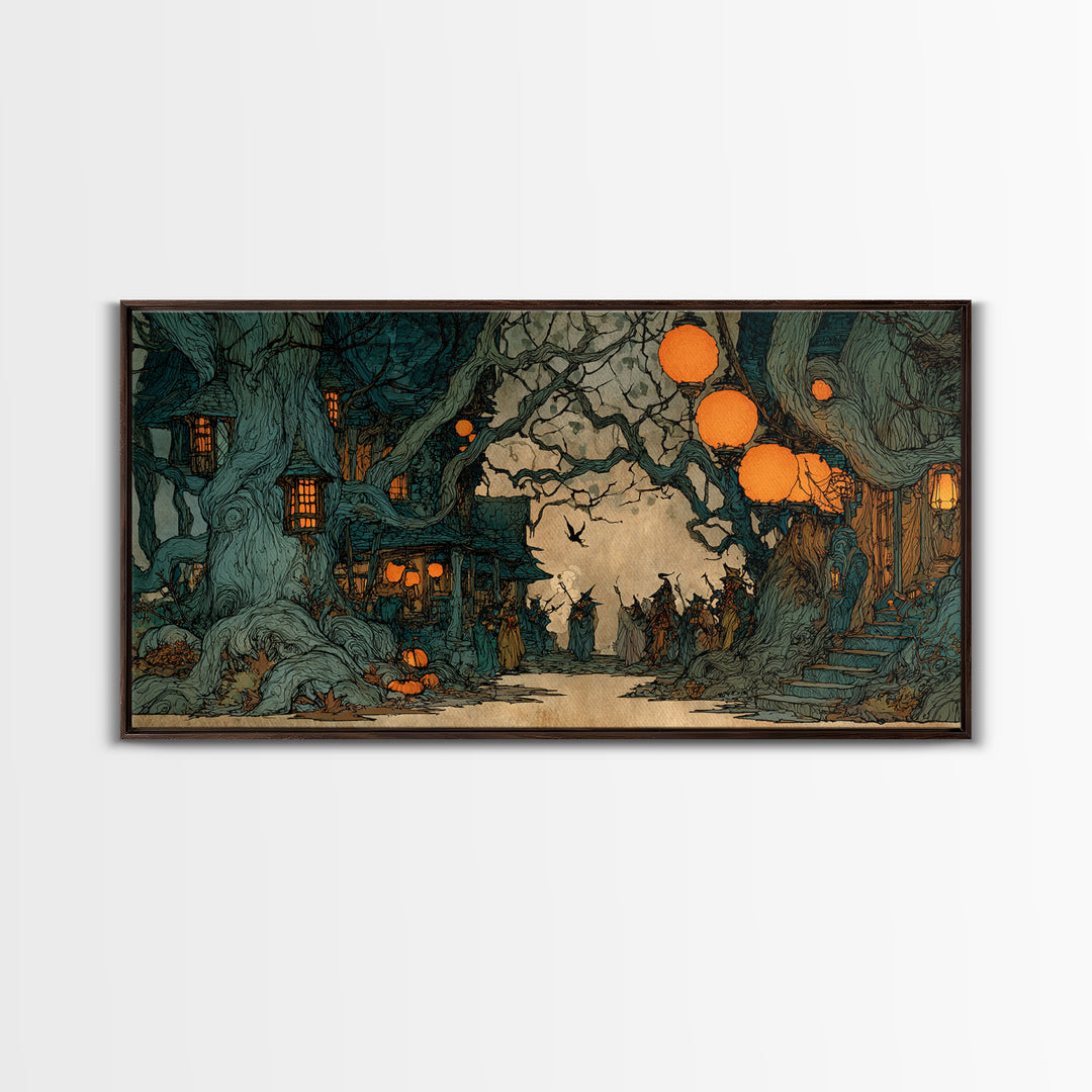The Monster Parade, Gothic Storybook Art, Wide Panoramic Art, Dark Fantasy Wall Art, Framed Canvas Print, Halloween Wall Art