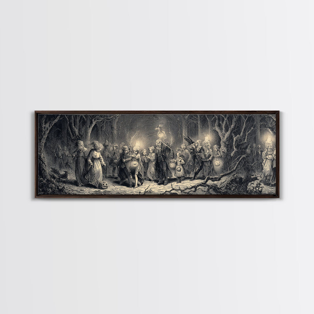 The Trick-Or-Treat Procession, Gothic Engraving Art, Extra Wide Wall Art, Dark Fantasy Wall Art, Framed Canvas Print, Spooky Wall Decor