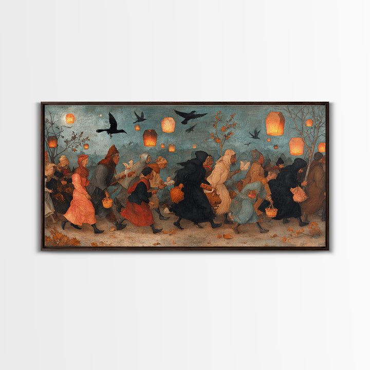 The Trick-Or-Treat Procession, Northern Renaissance Horror, Wide Panoramic Art, Dark Fantasy Wall Art, Canvas Print