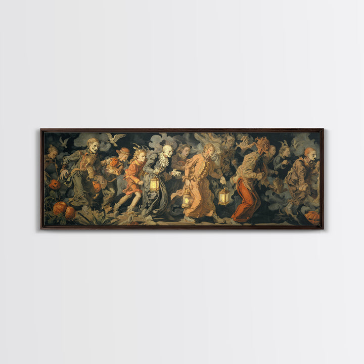 The Trick-Or-Treat Procession, Dark Renaissance Art, Extra Wide Wall Art, Dark Halloween Decor, Framed Canvas Print