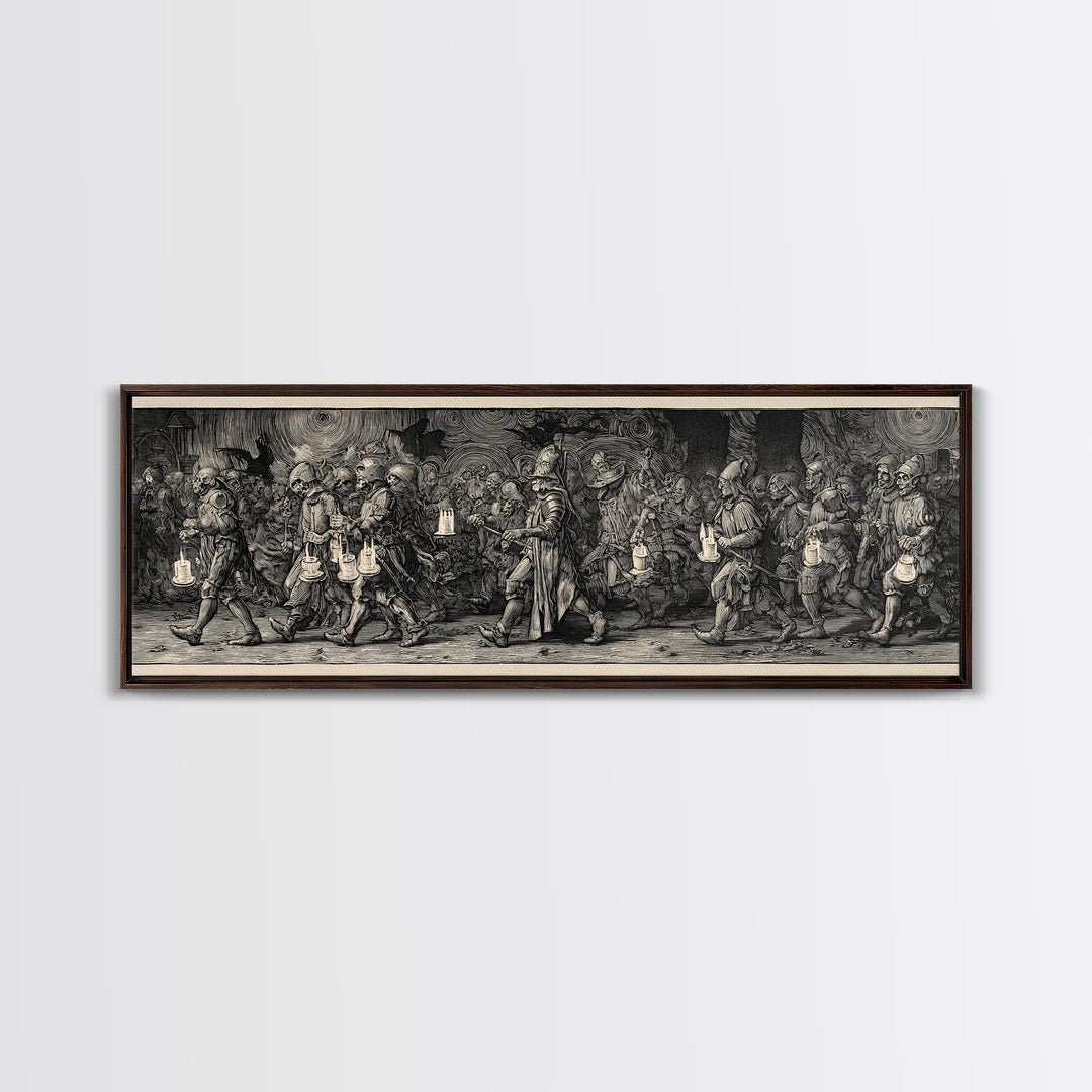 The Trick-Or-Treat Procession, Renaissance Engraving Art, Extra Wide Wall Art, Macabre Wall Art, Canvas Print, Halloween Wall Art