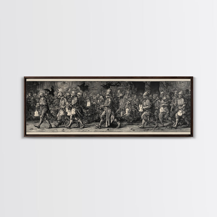 The Trick-Or-Treat Procession, Renaissance Engraving Art, Extra Wide Wall Art, Macabre Wall Art, Canvas Print, Halloween Wall Art