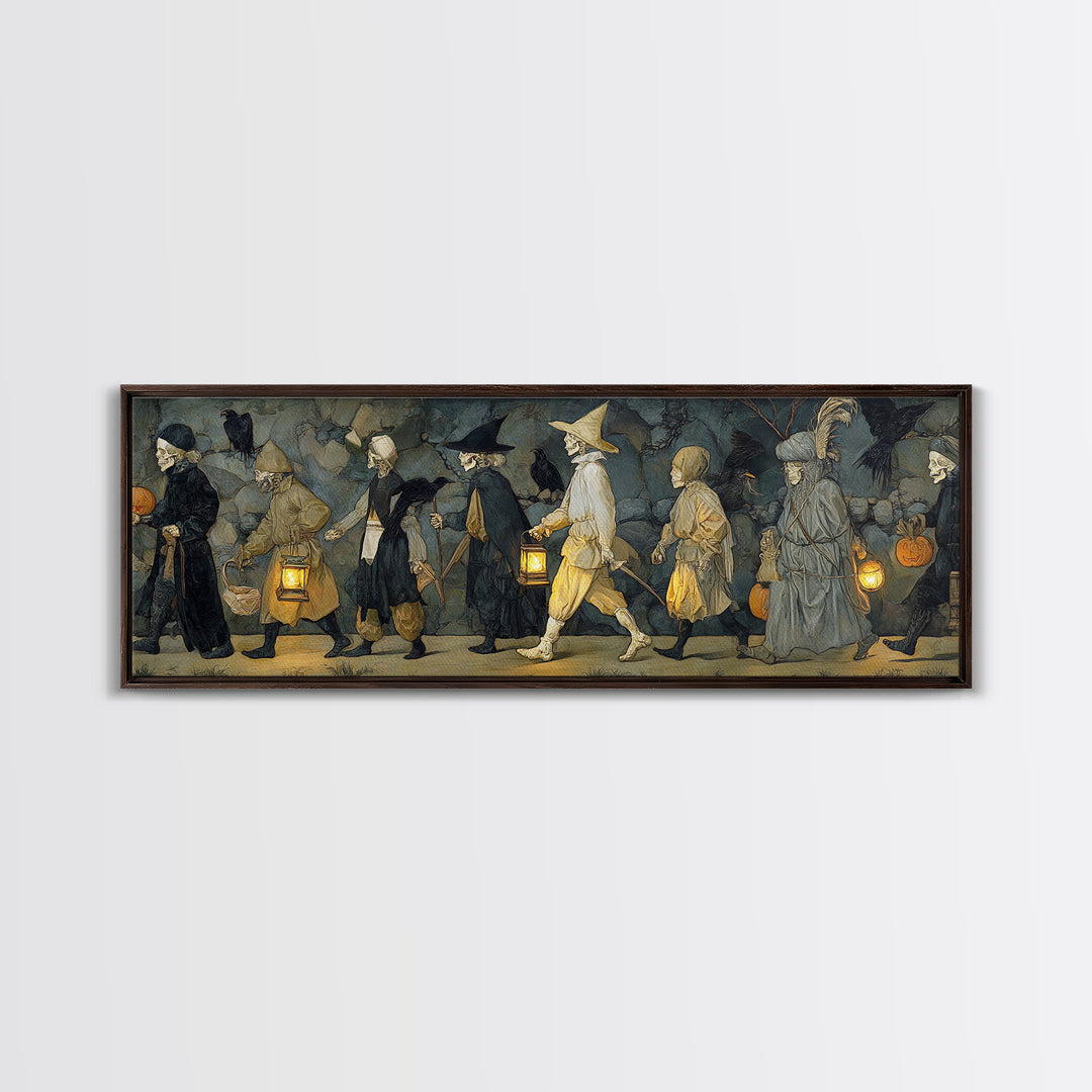 The Trick-Or-Treat Procession, Danse Macabre Art, Extra Wide Wall Art, Dark Halloween Decor, Canvas Print