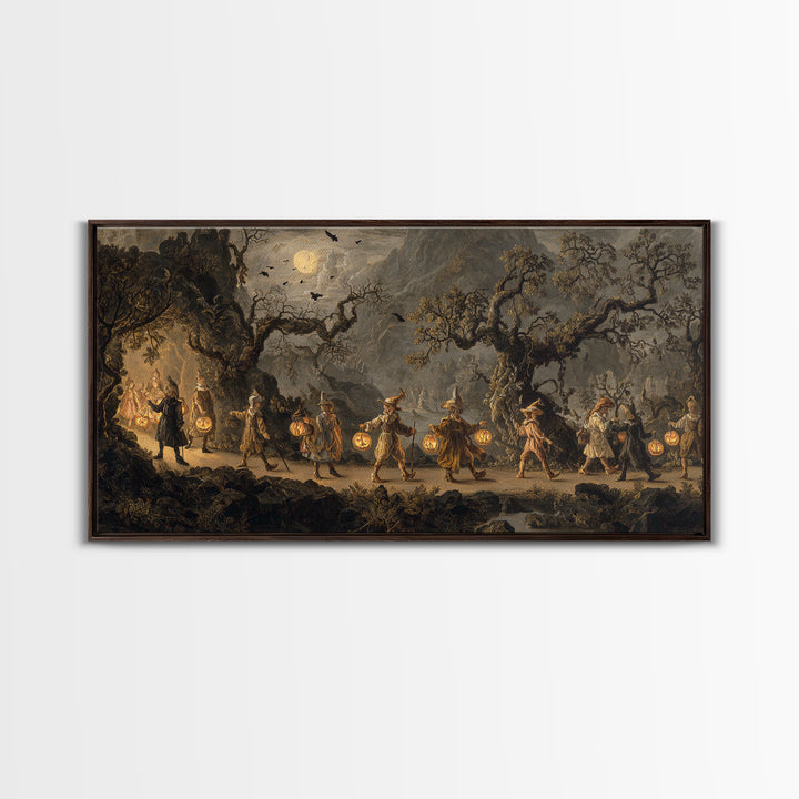 The Trick-Or-Treat Procession, Baroque Witchcraft Art, Wide Panoramic Art, Macabre Wall Art, Canvas Print, Halloween Wall Art