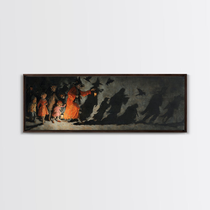The Trick-Or-Treat Procession, Dark Romantic Horror Art, Extra Wide Wall Art, Gothic Horror Wall Art, Framed Canvas Print