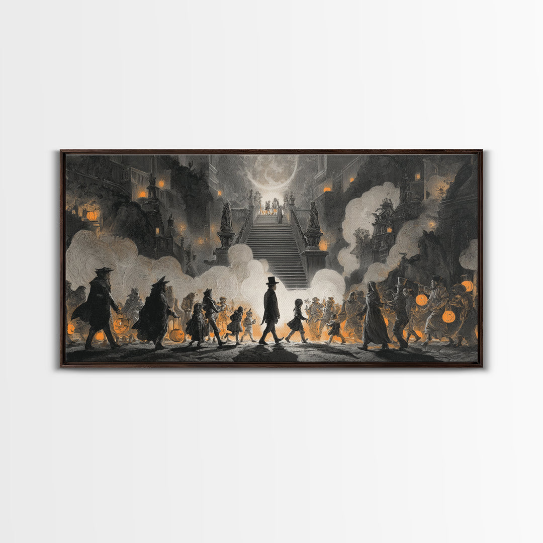 The Trick-Or-Treat Procession, Architectural Etching Art, Wide Panoramic Art, Macabre Wall Art, Framed Canvas Print
