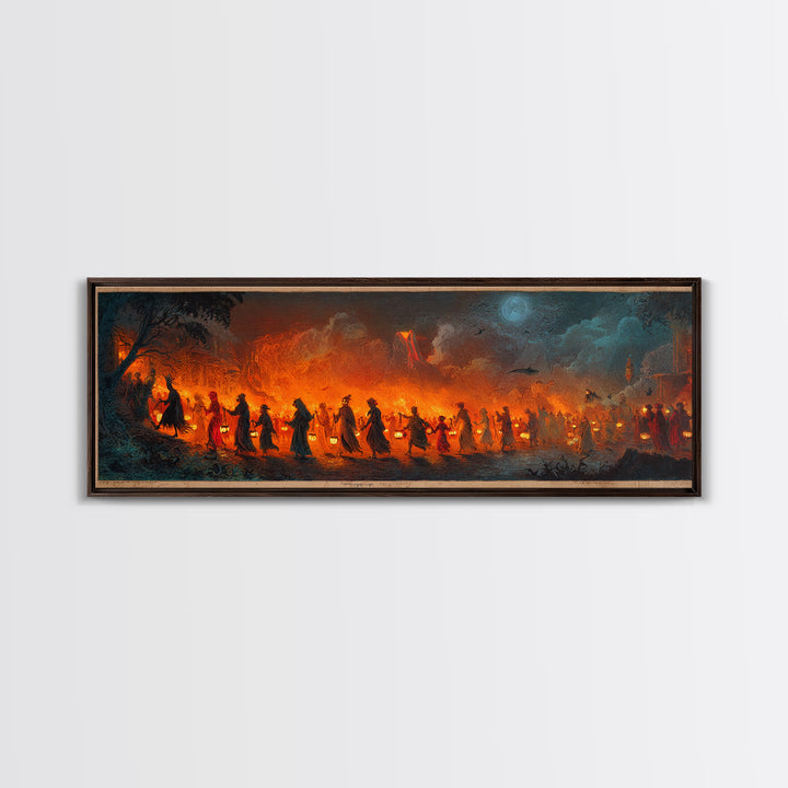 The Trick-Or-Treat Procession, Apocalyptic Romantic Art, Extra Wide Wall Art, Dark Halloween Decor, Framed Canvas Print, Halloween Wall Art