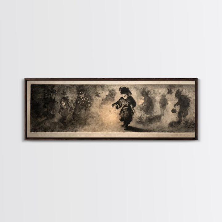 The Trick-Or-Treat Procession, Symbolist Dream Art, Extra Wide Wall Art, Dark Fantasy Wall Art, Canvas Print, Halloween Wall Art
