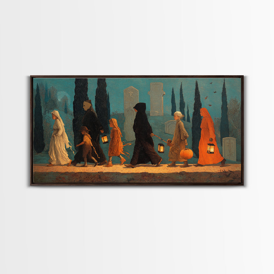 The Trick-Or-Treat Procession, Symbolist Gothic Landscape, Wide Panoramic Art, Gothic Horror Wall Art, Framed Canvas Print
