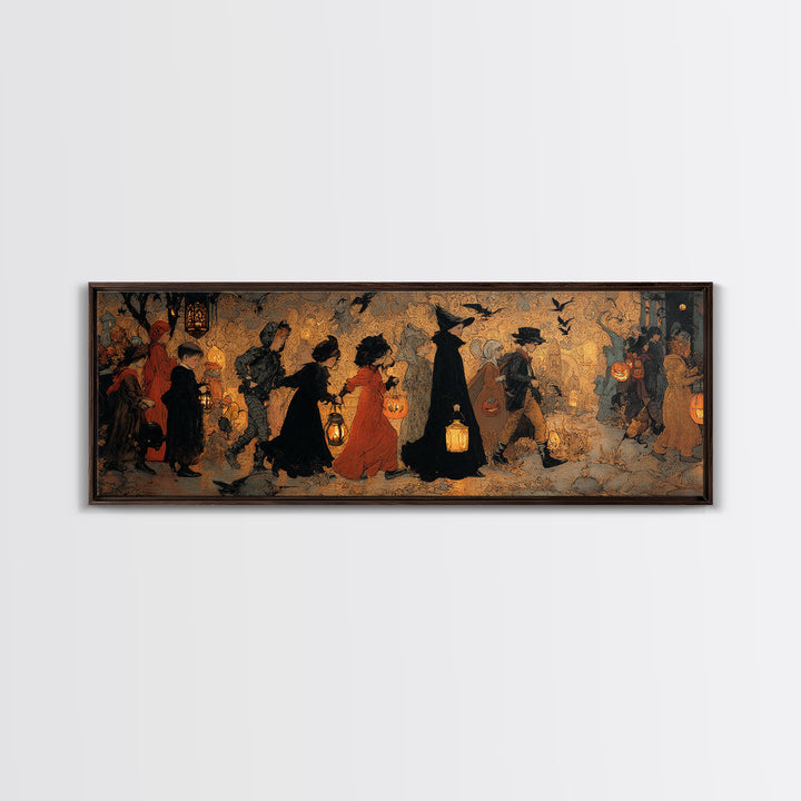 The Trick-Or-Treat Procession, Ornate Symbolist Art, Extra Wide Wall Art, Dark Halloween Decor, Canvas Print, Halloween Wall Art