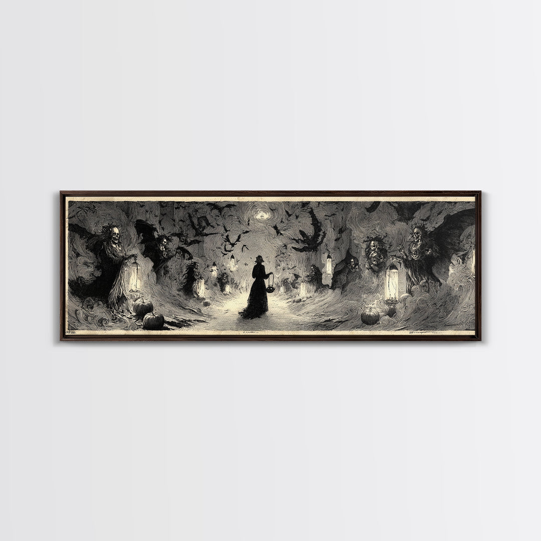 The Trick-Or-Treat Procession, Decadent Gothic Art, Extra Wide Wall Art, Macabre Wall Art, Framed Canvas Print, Halloween Wall Art