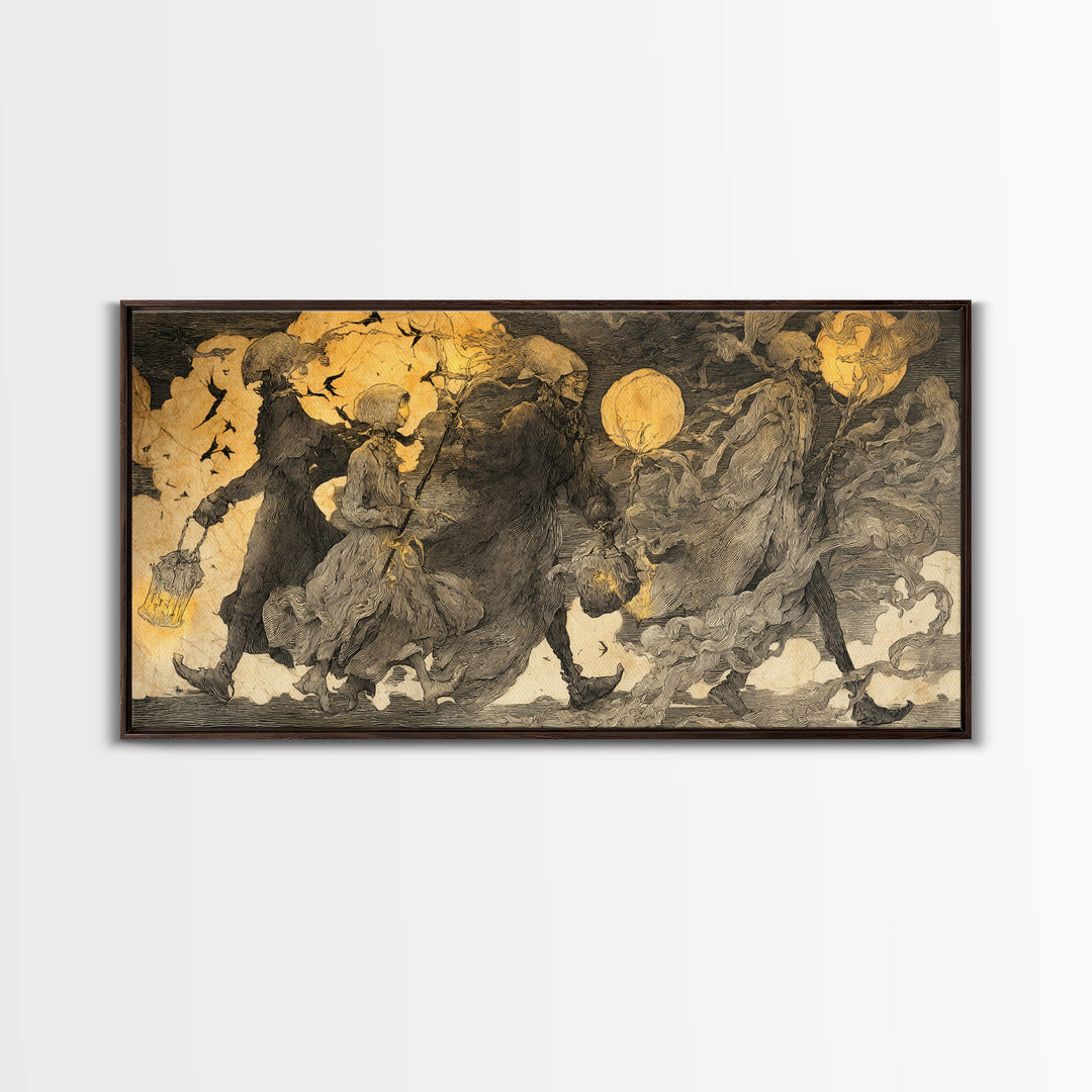 The Trick-Or-Treat Procession, Expressionist Nightmare Art, Wide Panoramic Art, Dark Fantasy Wall Art, Canvas Print, Halloween Wall Art