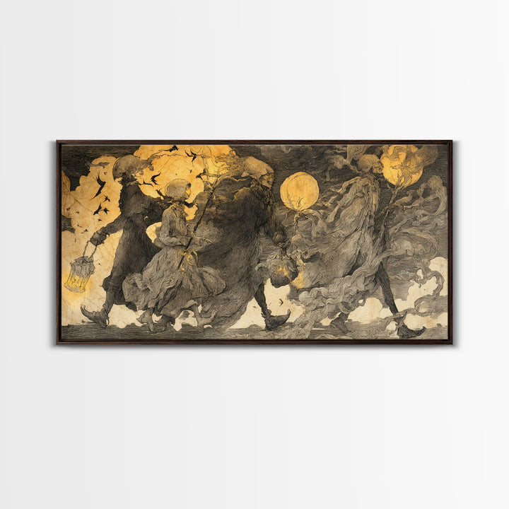 The Trick-Or-Treat Procession, Expressionist Nightmare Art, Wide Panoramic Art, Dark Fantasy Wall Art, Canvas Print, Halloween Wall Art